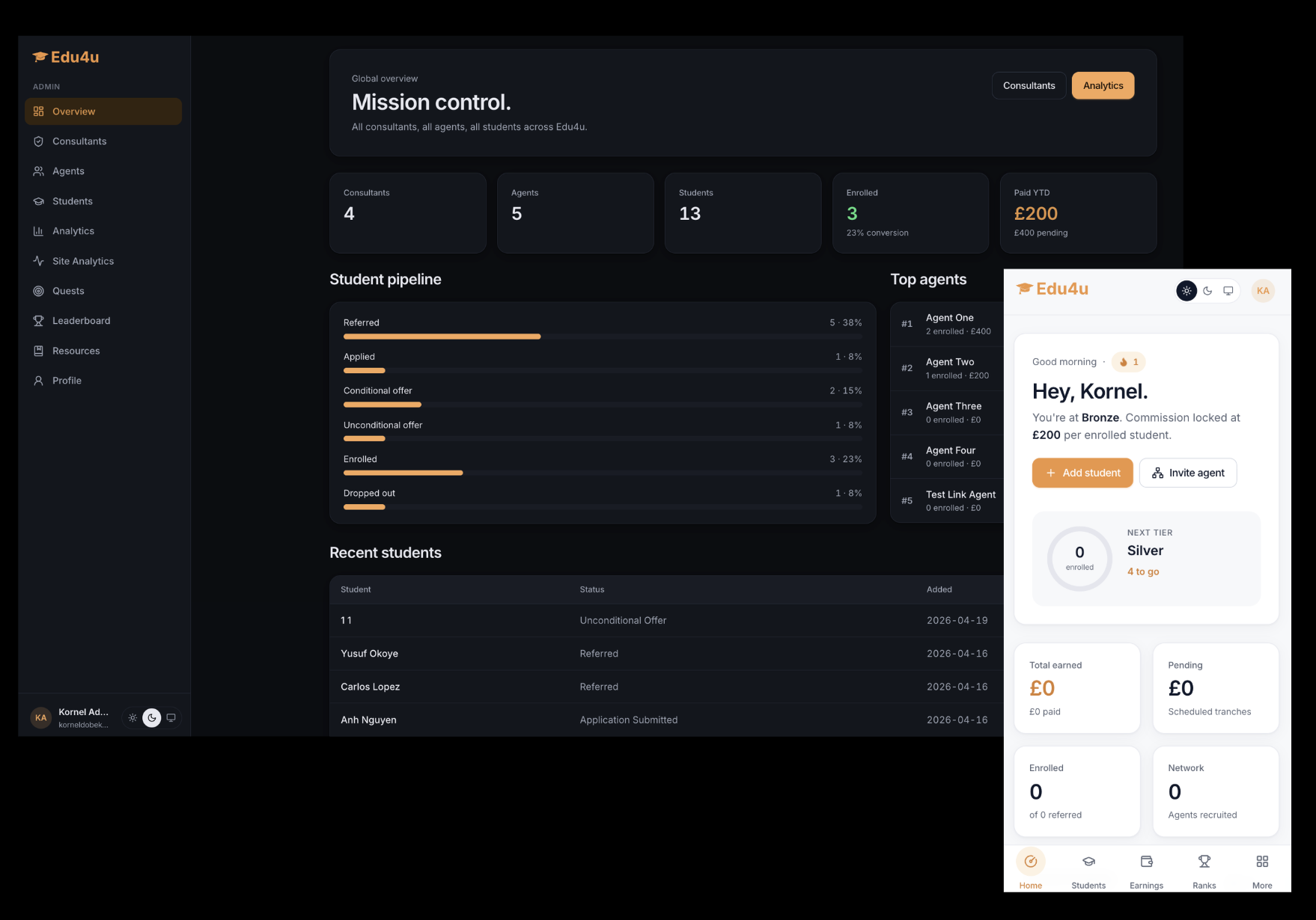 Edu4u Agents — mobilna aplikacja agenta i desktopowy panel admina obok siebie