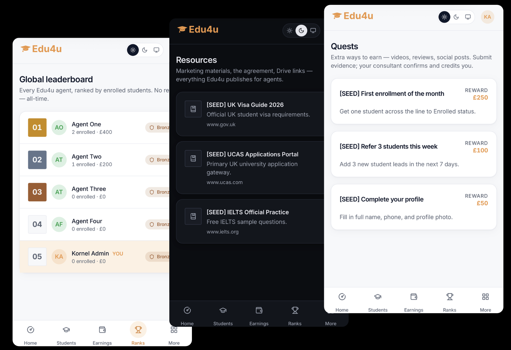 Questy, leaderboard i hub zasobów pokazane na trzech ekranach aplikacji agenta
